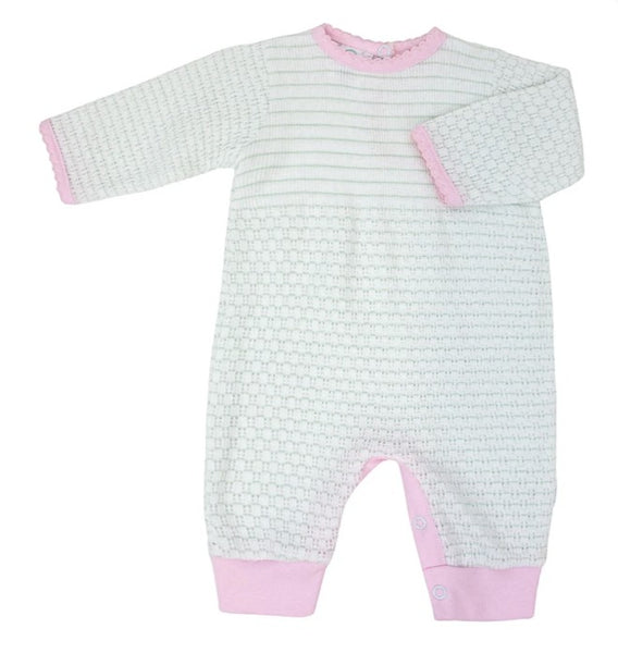 PRE ORDER Paty Inc Striped Knit Long Romper - mint with pink trim