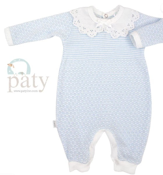 PRE ORDER Paty Inc Knit Long Romper with eyelet collar - blue