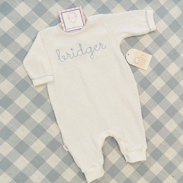 PRE ORDER Paty Inc White Knit Keyhole Romper with Blue Trim