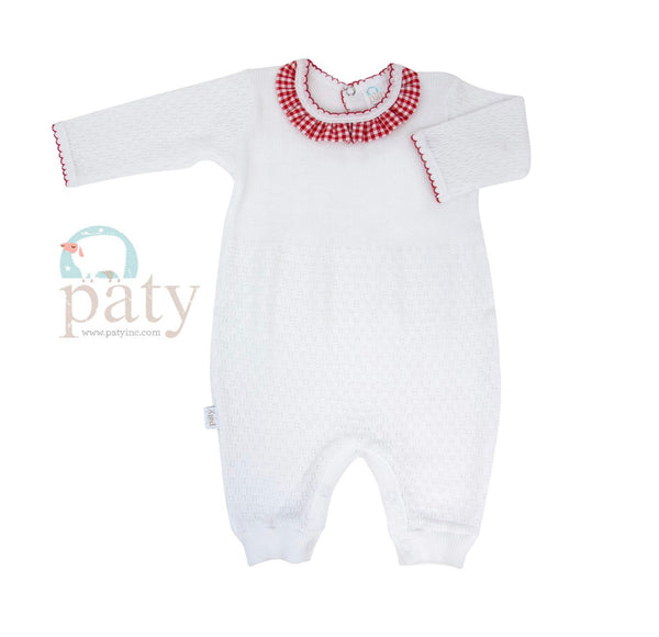 PRE ORDER Paty Inc Knit Long Romper with red gingham collar