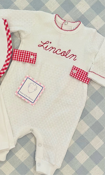 PRE ORDER Paty Inc Knit Long Romper with gingham side tabs - RED