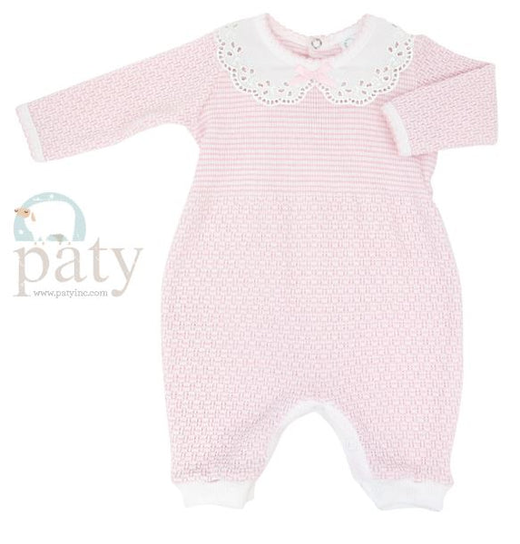 PRE ORDER Paty Inc Knit Long Romper with eyelet collar - Pink