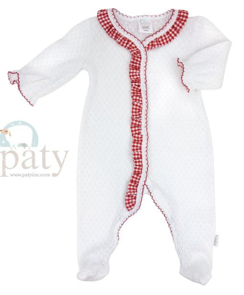 PRE ORDER Paty Inc Knit Footie with red gingham ruffle trim